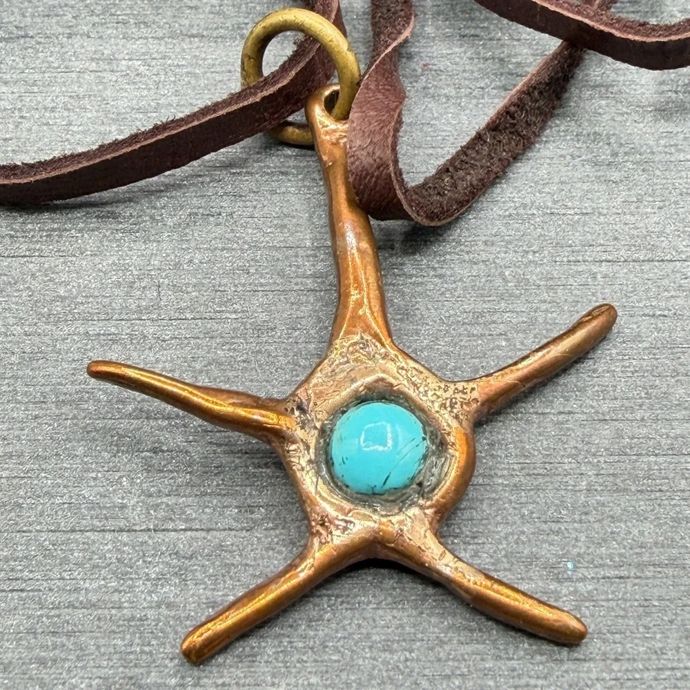 Turquoise & Copper Tone Starburst Pendant Necklace Brown Leather Cord Jewelry